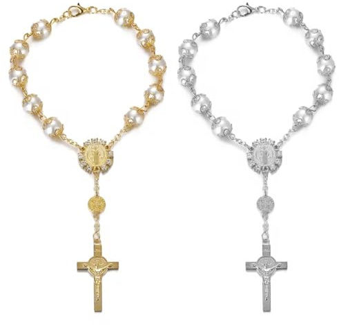 OUDQFCJ 2 Stück Rosenkranz Kreuz Rückspiegel Auto Hängende Rosenkranz Kreuz Dekor Ornament Geschenke für Frauen Männer