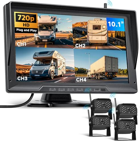Podofo 4 Digitale Drahtlose Rückfahrkamera mit 10,1 Zoll Monitor, HD 720P IP68 wasserdicht Nachtsichtaufnahme Quad Split Rückfahrkamera System für LKW Anhänger Camper Traktor