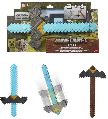 Mattel Minecraft Sword and Pickaxe 2-in-1 Toy, Button-Activated Click and Switch Role-Play Accessory Inspired by A Minecraft Movie, JFR72