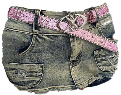 Rockreyoa Damen Ledergürtel mit Pailletten Leder Taillengürtel Bunt Glitzer Damengürtel Westerngürtel Vintage Punk Western Cowgirl Gürtel Glänzend Taille Band Kleidgürtel für Hosen Rosa