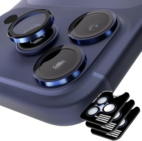 Orzero (3 Sets Camera Protector for iPhone 17 Pro Max/17 Pro/iPhone 16 15 14 Pro Max and Pro Series, Camera Protector One-Step Installation Tray Individual Metal Ring Glass - Blue