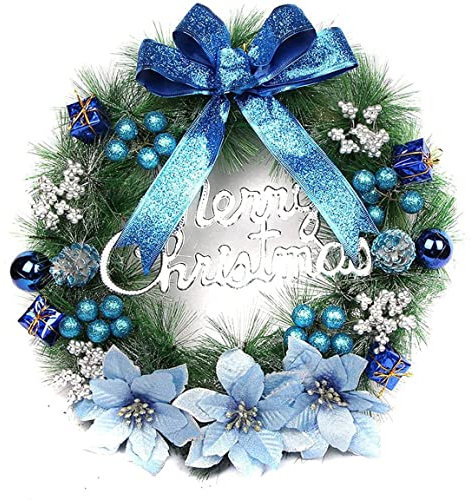 AYOROF Weihnachtskränze für Haustür, 40 cm Weihnachtstürkranz Winter Künstliche Weihnachtsgirlande Dekoration mit Bogen Blumen Ball für Innen-Weihnachtsdekoration im Freien (Blau)