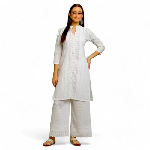 RangMahal Dambomull indisk handgjord Lucknowi Chikankari Kurta Palazzo Set traditionell klädsel, Vitt, L