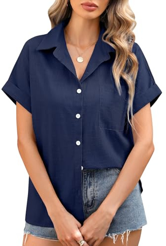 Xnova Camisas Mujer Verano Manga Corta Blusas de Mujer Algodón Elegantes Cuello en V Básica Camiseta Tops con Botones, Azul Marino, M