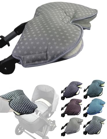 BAMBINIWELT Handmuff mit Lammwolle – warmer Handwärmer für Kinderwagen, Buggy & Radanhänger – wasserfest, winddicht & waschbar – für Winterspaziergänge, Farbe: Sterne hellgrau