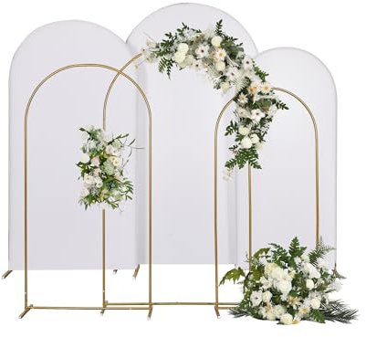 Struttura Backdrop Arco Matrimonio per Allestimenti 3 Supporti per Arco in Metallo Dorato, 3 Coperture per Arco in Spandex Bianco per Feste, Compleanni, Baby Shower, Matrimoni, Banchetti, Cerimonie