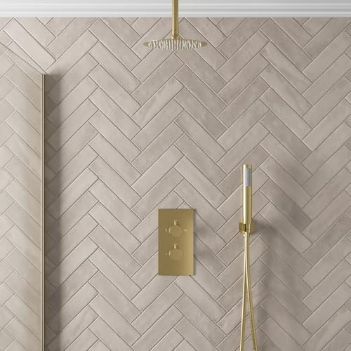 Architeckt® Bathroom Thermostatic Mixer Shower with Round Rainfall Drencher Head, Handset & Concealed Valve Twin Outlet Ceiling Mounted Modern, Brushed Brass