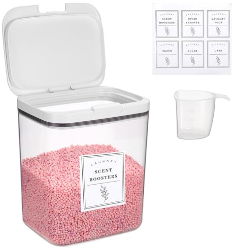 TOLIDA Caja de almacenamiento de plástico PET con vaso medidor, organizador para detergente, perlas de lavandería, perlas perfumadas, harina, comida para perros, comida para gatos, 5,5 l