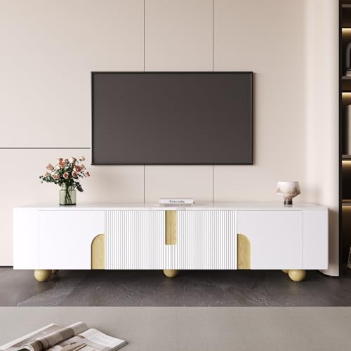 MIOOSUT Meuble TV 180 cm Longueur, Armoire TV dans Le Salon, Meuble TV avec 4 Portes, Armoire de Rangement TV, pour Salon, Chambre à Coucher (Blanc, 180 * 40 * 44)
