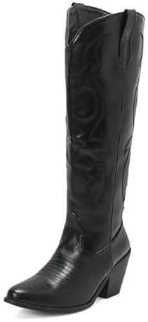 OTMYIGO Stivali da Donna in Stile Western da Cowgirl con Punta a Punta, con Punta Larga e Polpaccio Ricamato, Stivali da Equitazione con Cerniera Laterale,Nero,46