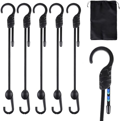 VirtuGro 6 Pack 60cm Adjustable Bungee Cords with Hooks, 8mm Heavy Duty Bungee Straps Weatherproof & UV Resistant Black Elastic Straps for Securing Tarps, Tents, Camping, Kayak, Motorbike
