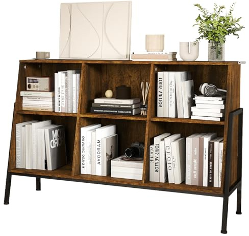 YOSHOOT Bücherregal, offenes Bücherregal aus Holz mit Metallbeinen, Würfelförmiges Lagerregal mit 2 Ebenen, Vitrine mit 6 offenen Fächern für Wohnzimmer, Büro, 117x36.5x78.5 cm (Rustikales Braun)