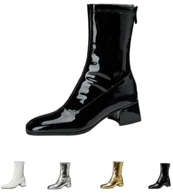 Stivaletti Da Donna in Pelle Verniciata, Eleganti Stivali Casual Con Testa Quadrata E Tacco A Blocco Cerniera Posteriore Stivaletti Alla Moda Con Tacco Medio Stivali Equitazione,Nero,41 EU
