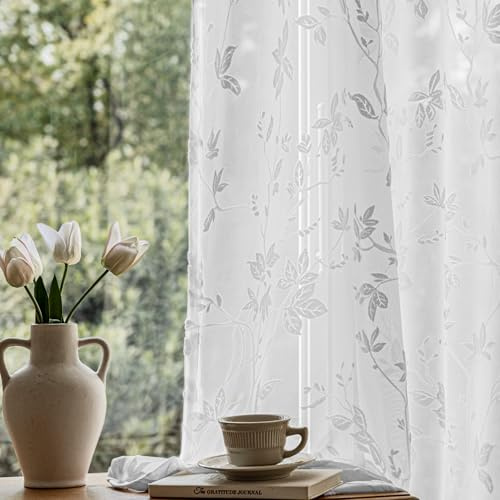 FAPLIGLISY Semi Lace Sheer Curtains 63 Inch Length 2 Panels for Living Room - Light Filtering Privacy Fluffy Jacquard Leaf Floral Decorative Curtain Drapes, Rod Pocket, 54 x 63 Inch, White