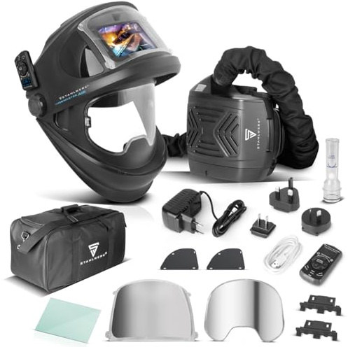 STAHLWERK Master Air - Casco de soldadura automático 3 en 1 con entrada de aire fresco, control de función por Bluetooth, reproducción de color verdadero, oscurecimiento DIN 4 a DIN 14, clase óptica 1