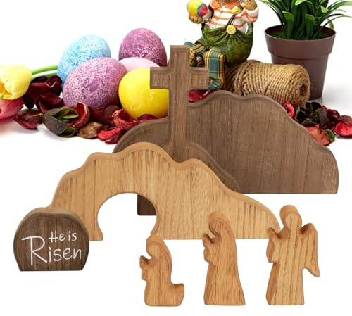 Generisch Auferstehungskreuz Und Leeres Grab, Osterkrippe Holz Olivenholz, Auferstehungsszene Holz, Handgefertigtes Auferstehungs-Holzset Mit Kreuz Und Figur, Tischdekoration Für Zuhause, Büro