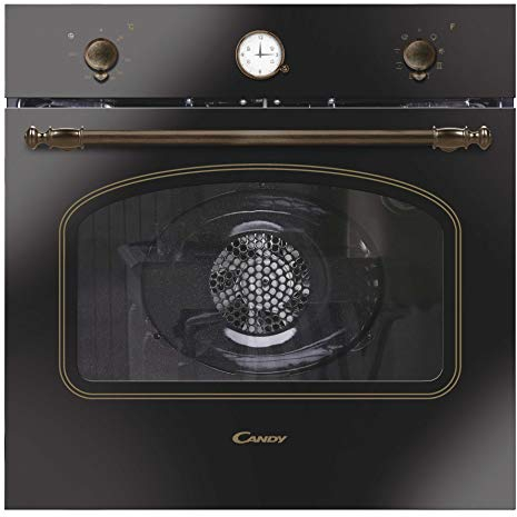 Candy Classic Forno Elettrico da Incasso Ventilato, 65 Litri, Classe A+, Funzione Pizza, 8 Programmi di Cottura, Design Rustico con Orologio Analogico, 59,5 x 59,5 x 56,8 cm, Nero - FCC604GH/E
