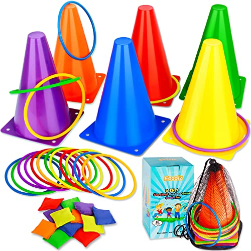 Eocolz 3 in 1 Carnival Games Set, Soft Plastic Cones Bean Bags Ring Toss Games for Kids Birthday Party Outdoor Games Supplies 32 Pcs Combo Set