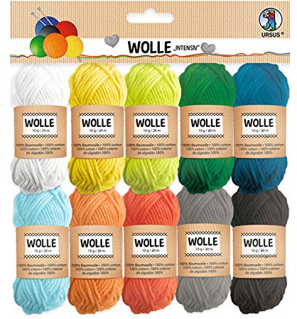 Ursus Lana intensa 100% algodón, 10 ovillos de 10 g, 29 m, 10 colores, para tejer y hacer ganchillo y pequeños proyectos de manualidades, algodón, talla única