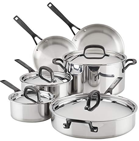 KitchenAid 5-Ply Clad Stainless Steel Cookware Pots and Pans Set, 10 Piece, Polished Stainless