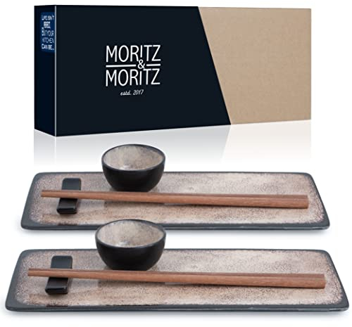 Moritz & Moritz Vajilla Sushi - Platos Sushi Ceramica - Plates Set 10 Piezas para 2 Personas - Plato Sushi con Palillos Soporte de Palillos Cuencos para Wasabi