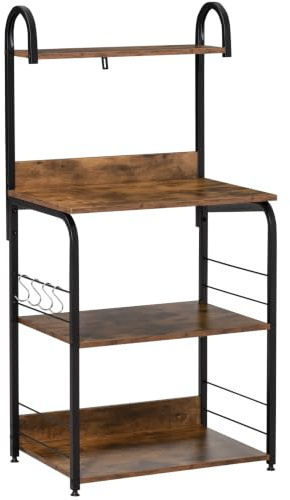HOMCOM Mobiletto per Microonde 4 Ripiani 60x40x125cm Marrone Rustico | Scaffale da Cucina, 4 Ganci, Mobile Cucina in Acciaio e Legno
