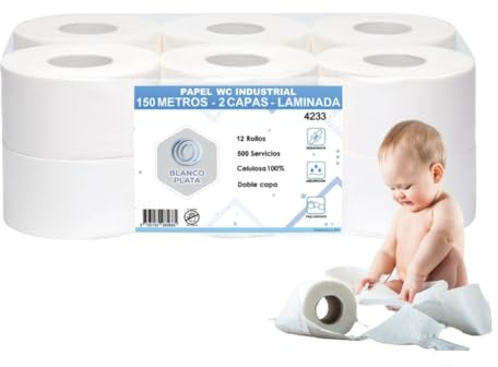 Papel Higiénico Industrial de 2 Capas 100% celulosa (12 Rollos de 150m)