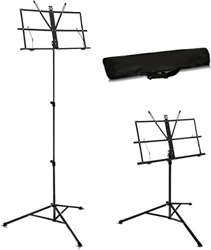 Sheet Music Stand Holder Foldable Music Stand Super Sturdy Adjustable Height Tripod Base Metal Music Stand With Carry Case Bag - For Storage or Travel - Black