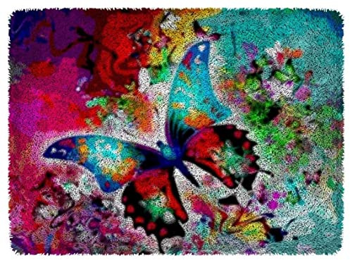 ROCKY&CHAO Latch Hook Kits for Adults, DIY Latch Hook Rug Kit, Cross Stitch Rug Making Kit, Carpet Making Crochet Kits Embroidery Kits Needlework Crafts for Home Decor, 60X42CM, Psychedelic Butterfly