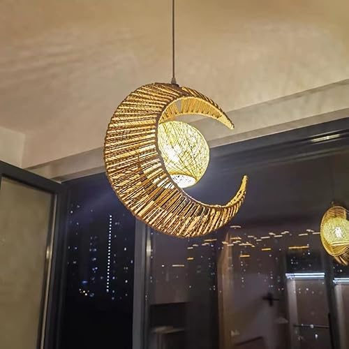 FWX Lampe Suspendue E27 Corde de Chanvre Rétro Lune Bambou Rotin Tissé | Suspension Luminaire Créative, Lustre Art Rustique, Restaurant Loisir Balcon, Chambre à Coucher, Décoration Chambre d'Enfant