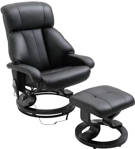 HOMCOM Relaxsessel mit Hocker 360° drehbar mit Liegefunktion Schwarz | Relaxsessel, Massagefunktion, TV-Sessel Fernsehsessel, Seitentasche, für Wohnzimmer, Kunstleder