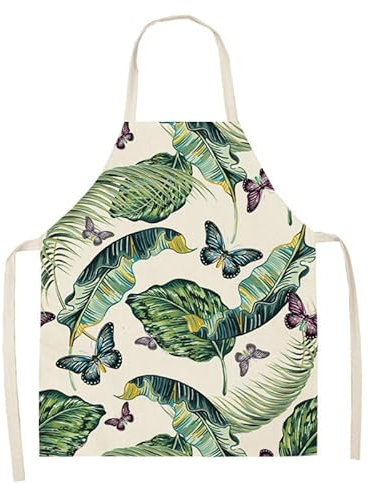 HJOSWVNS Delantal Cocina Hombre Hojas Palma Mariposa Delantal Cocina Mujer Algodón Cáñamo Delantales de Cocina Antimanchas Delantal Hombre Ajustable Mandiles de Cocina Resistente Desgaste 55x68cm