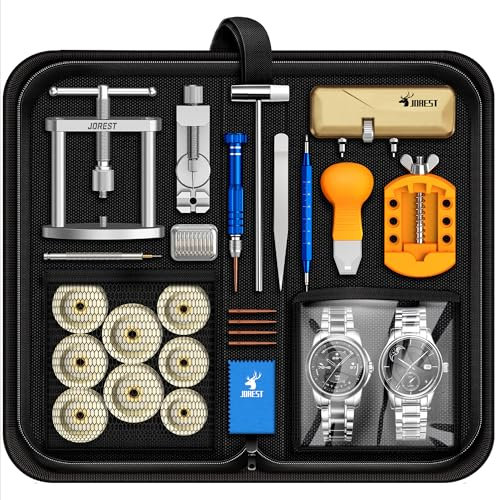 JOREST Uhrenwerkzeuge Set + Uhrenpresse, Uhr Batteriewechsel, Uhrenarmband Kürzen Werkzeug, Uhren Reparatur, Uhrmacherwerkzeug, Uhrenoffner Uhrendeckel öffner, Einpresswerkzeug, Schraubendreh