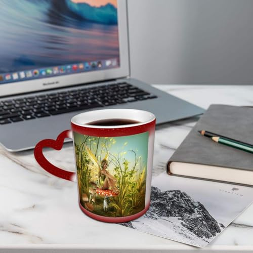 AELKSP Tasses Magique Mugs Change De Couleur en Fonction De La Température du Liquide,Mug Cadeau Original Tasse pour 330ml,fille avec des ailes assise sur un champignon