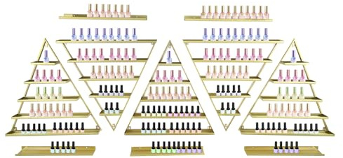 Juego de 10 estantes de pared para esmaltes de uñas, exhibición cosmética, triangular, soporte para esmalte de uñas, con cinco niveles por estante, para salón de uñas (dorado)