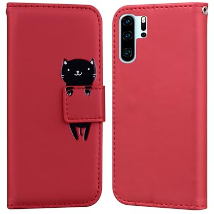 Nokverzy Handyhülle für Huawei P30 Pro Hülle Klappbar mit Kartenfach Magnet Geldbörse Tier Katze Motiv Schutzhülle Handytasche Cover Flip Phone Case für Huawei P30 Pro Klapphülle mit Band Fach Rot