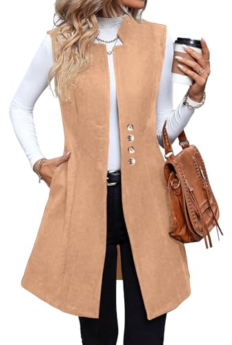 IDEALSANXUN Long Vest for Women Sleeveless Tweed Blazers Fall Jackets Winter Trench Coat Open Front Waistcoat Tops, Camel, L
