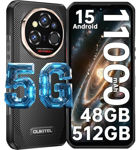 OUKITEL WP55 Ultra Rugged Smartphone 5G, Thermal Imaging Rugged Phone, 108MP+32MP+8MP Night Vision, 6.6”FHD+ 120Hz,48GB +512GB/TF 2TB, Android 15,11000mAh/33W, 5G Dual SIM/NFC/OTG/Face ID, Black