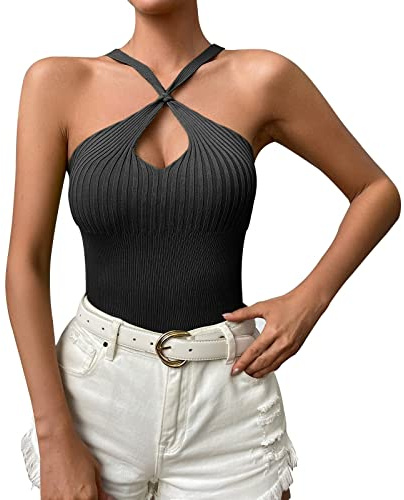 Camiseta Interior Mujer 2026 Ahuecado Atado Cuello Halter Top Para Mujer, Chaleco De Punto Top Casual Elegante Camisas Blancas, Negro , L