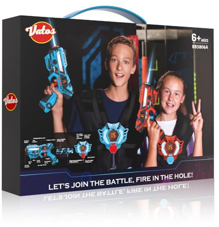 VATOS Laser Tag 360°Sensori Set di 2 Giocatori, 2,4 GHz Ricaricabile a infrarossi con Display Dati in Tempo Reale Pistola Laser Tag, Pistole Giocattolo per Giochi di attività per Bambini dai 6+