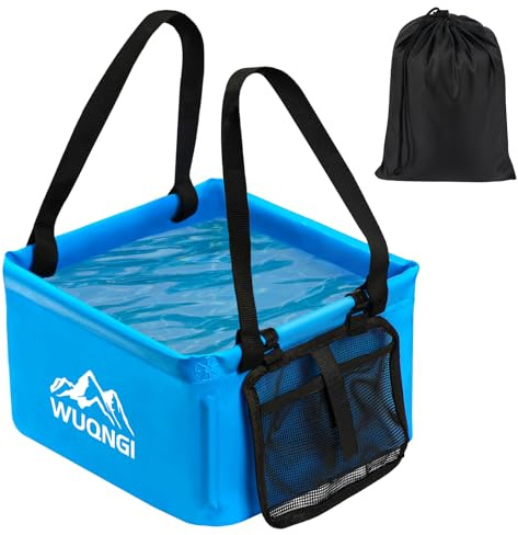 WUQNGI Ciotola Pieghevole da Campeggio 15L, Ciotola Pieghevole da Campeggio con Maniglia e Scomparto Extra, Secchio Pieghevole in Tessuto Resistente di Tela (Blu)
