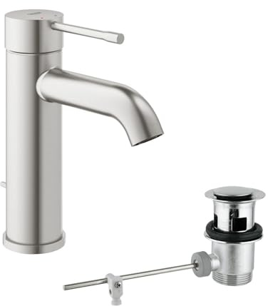 GROHE Essence, Waschtischarmatur, wassersparend (Wasserhahn für das Bad, Badarmatur mit Zugstangen-Ablauf, 17cm hoch, einfache Installation am Waschbecken, langlebige Oberfläche), edelstahl, 23589DC1