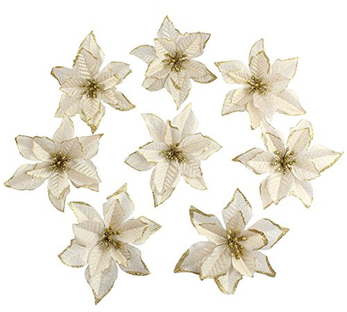 Amajoy 12pcs Glitter Poinsettia Ornamenti per Alberi di Natale Poinsettia Artificiale Fiore per Decorazioni Natalizie,Oro