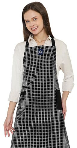 Encasa XO Kochschürze aus Baumwolle für Damen und Herren, Küchenschürze mit verstellbarem Nackenband, Tasche und Handtuchhalter, Kochen, Backen, Grillen, Metzger prüft schwarz, 68x85 cm