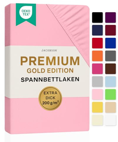 Jacobson Premium Topper Spannbettlaken 200 g/m² Jersey Baumwolle mit Elasthan (Topper 180x200-200x200 cm, Rosa)