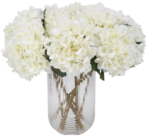 Tifuly White Hydrangea Artificial Flowers - 5 pcs Realistic Single 18.9 in Long Stem Fake Silk Hydrangea Bouquets for Party Wedding Centerpieces Home Office Decor（Off White）
