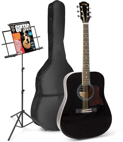MAX SoloJam Guitarra Acústica Negra – Kit Completo para Principiantes y Avanzados con Bolsa, Afinador Clip, Cuerdas Acero, Cuerdas Extra, Atril, Púas y Correa – Sonido Potente y Versátil