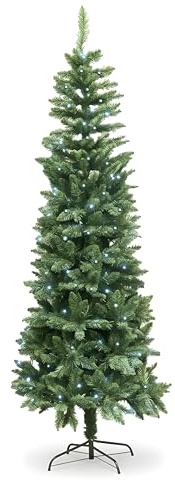 4Ft/1.2m Pre-Lit Green Christmas Tree Slim Tree Pine Narrow Xmas Tree, Pointed Tips, Metal Stand, Cool White LED Lights, Holiday Home Decorations
