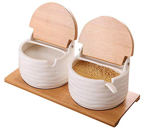 Kitchen Spice Jar, Ceramic Bowl with Bamboo Lids and Sugar Spoons Porcelain Condiment Container, Salt Seasoning Rack Spice Pots Seasoning Box for Home (Suit B)