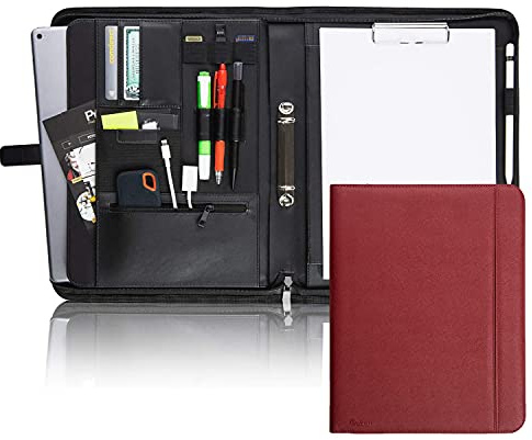 Vebon® Skrivfodral ringpärm A4 Paris I Blixtlås + Urklipp I konferensmapp + laptopväska I extra förvaring I fuskläder I röd
